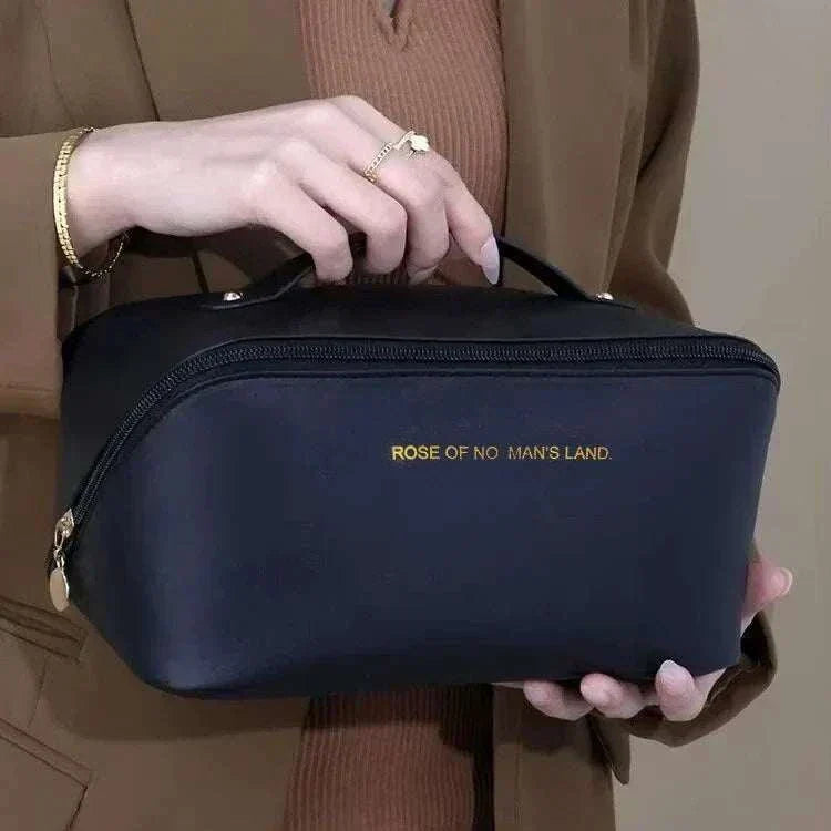 Stylish travel makeup bag with spacious interior and PU leather exterior