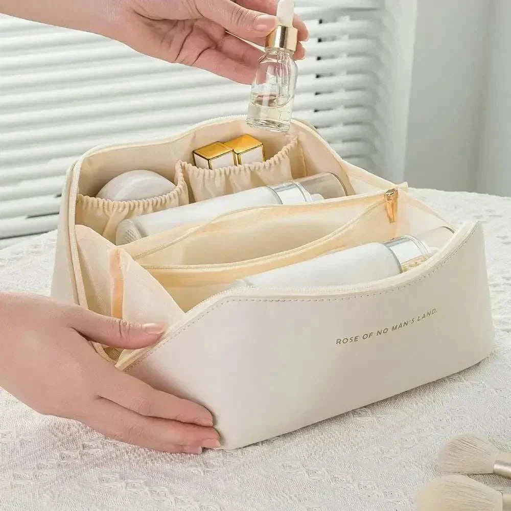 Stylish PU leather travel makeup bag with zipper closure and spacious interior for cosmetics and toiletries