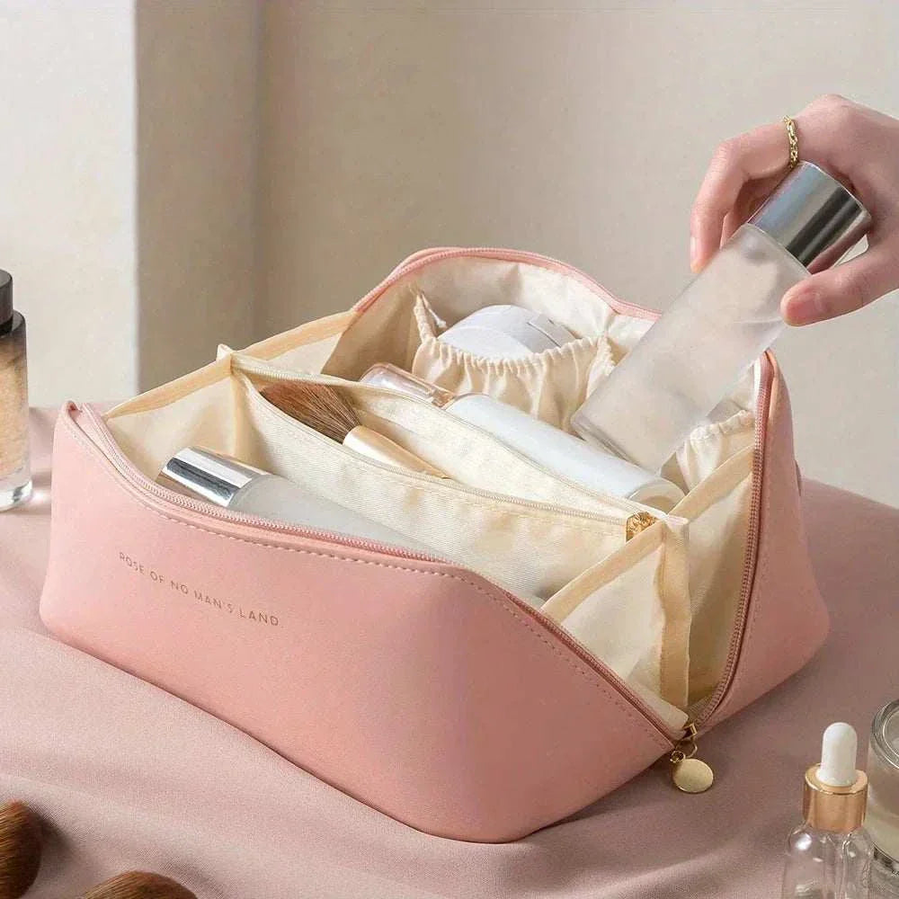 Stylish PU leather travel makeup bag with zipper closure and spacious interior for organizing beauty essentials