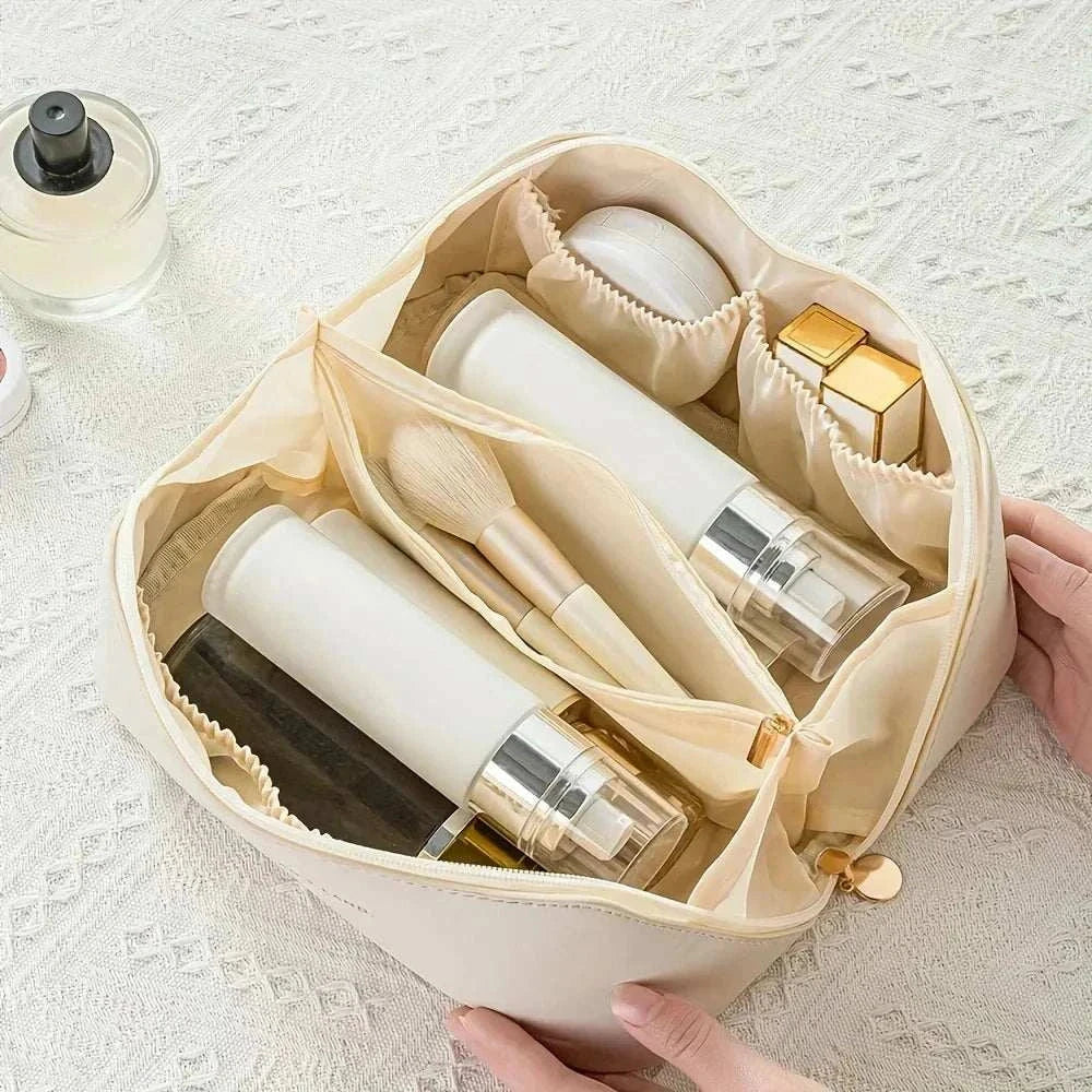 Stylish PU leather travel makeup bag with zipper closure and spacious interior for organizing beauty essentials