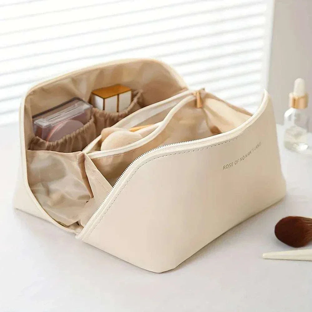 Stylish PU leather travel makeup bag with zipper closure and spacious interior for organizing beauty essentials